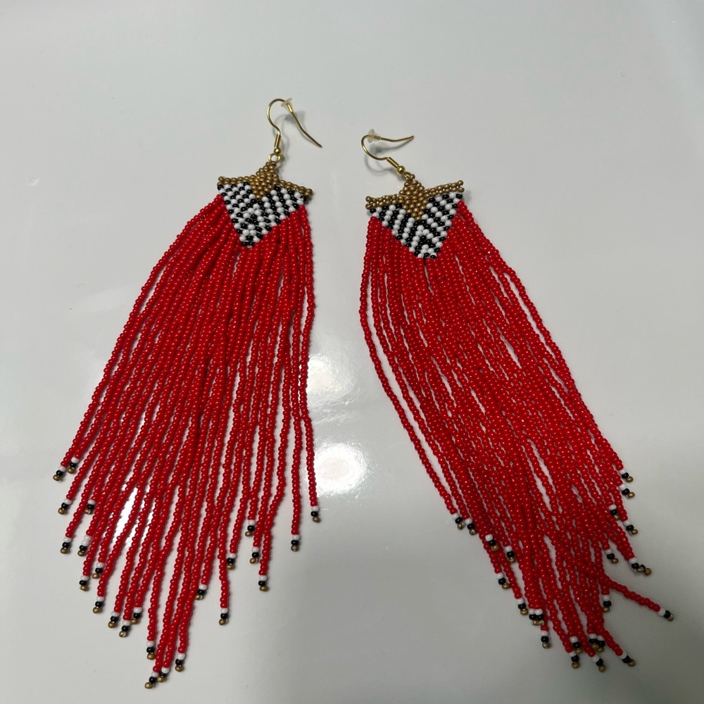 Elegant Red Beaded Tassel Earrings